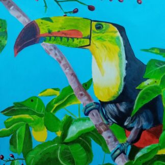 This is an acrylic painting on canvas. This piece is ready to hang.This colorful toucan painting will brighten up your home.